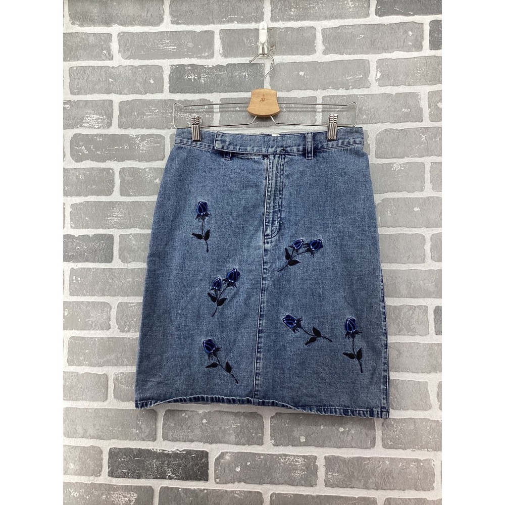 Vintage Blue Floral Embroidered Denim Mini Skirt Medium Wash Petite 10P Cotton